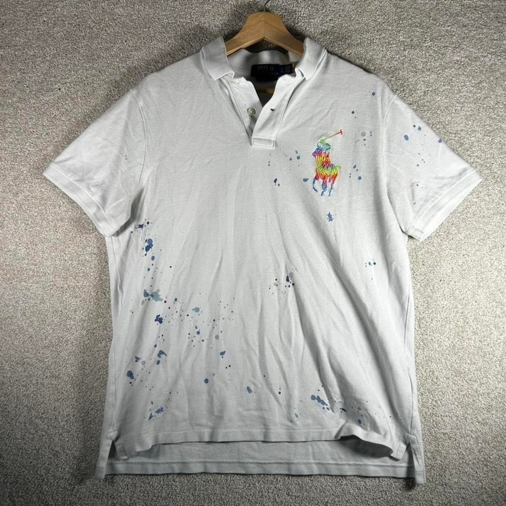 Polo Ralph Lauren men's multicolor big pony paint splatter white polo shirt